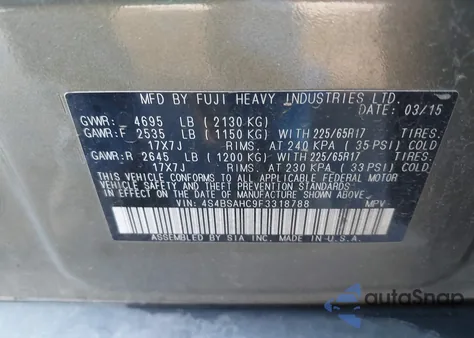 2015 Subaru Outback 2.5I Premium z USA, uszkodzony, nr VIN 4S4BSAHC9F3318788